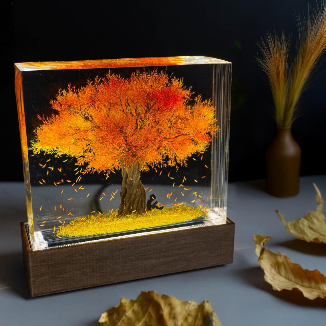 Boy Reading Under an Autumn Oak Tree Resin Lamp, Layered Acrylic Epoxy LED Night Light, Fall Decor Desk Lamp, Handmade Gift