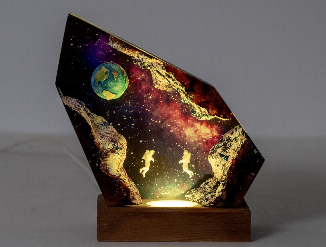 Space Astronaut Epoxy Resin Lamp, Galaxy Night Light, Handmade Wood Earth Resin Art Bedroom Decor, Mother's Day Space Gift