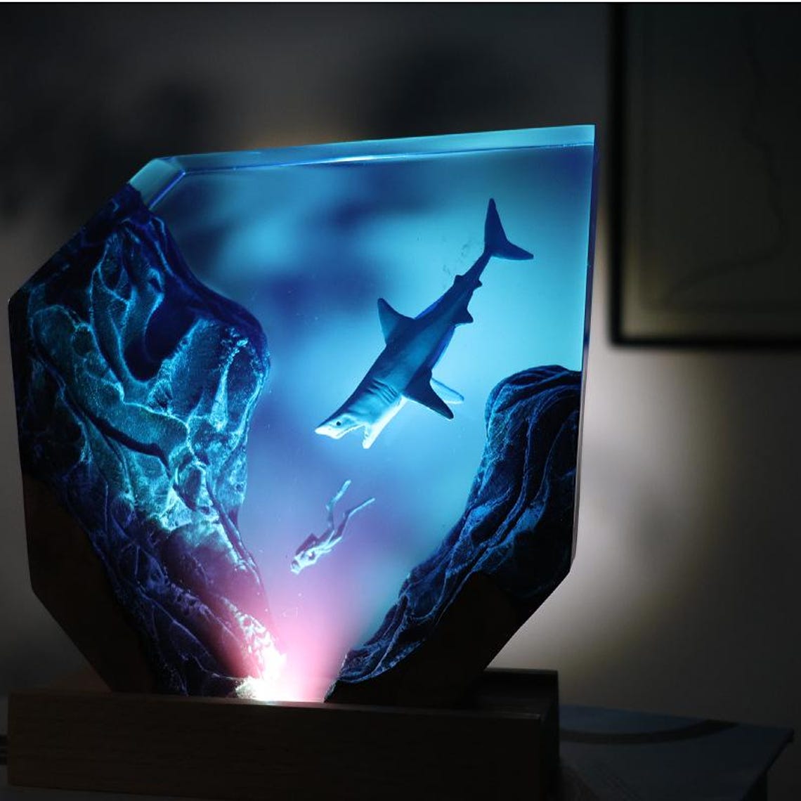 Tiger Shark Resin Night Light, Scuba Diver Ocean Lamp, Handmade Shark Chase Diorama, Custom Night Light, Personalized Gift for Him