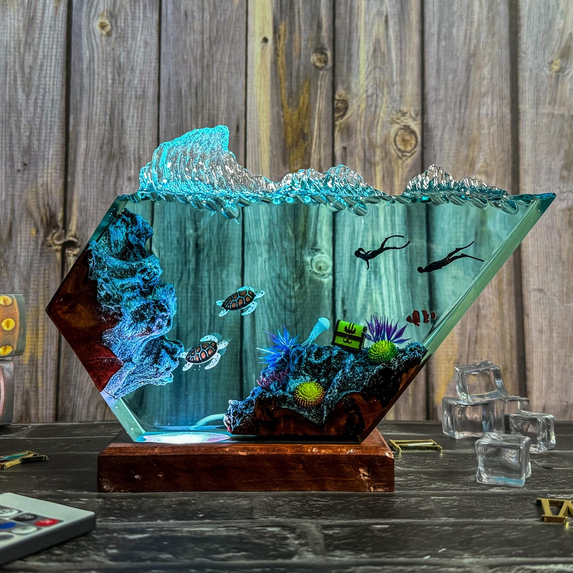 Underwater Resin Lamp, Ocean Reef Diorama Night Light, Sea Turtle and Diver LED Resin Art, Handmade Nautical Coastal Decor