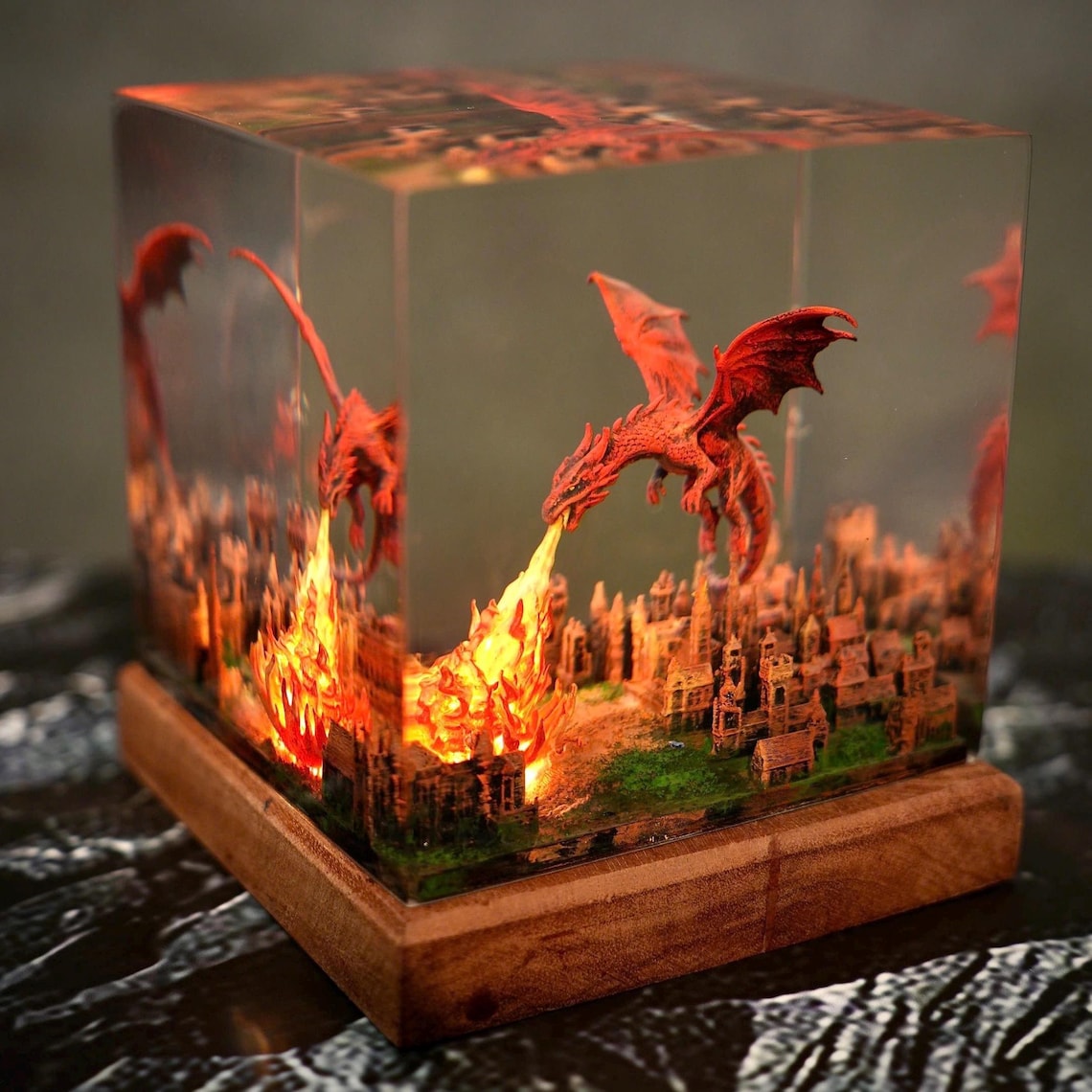 Fire Dragon Resin Lamp, Dragon Breathing Fire on City Epoxy Night Light, Handmade Wood Fantasy Decor Gift for Him
