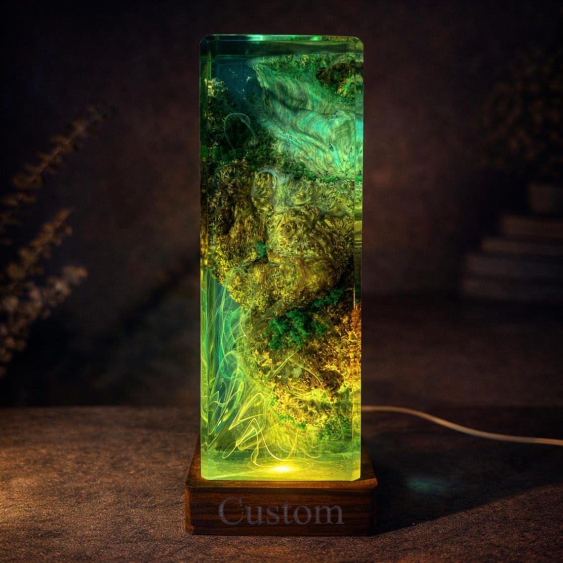 Forest Resin Lamp, Nature Epoxy Wood LED Light, Green Moss Glow Lamp, Handmade Zen Desk Decor, Unique Gift for Him and Her
