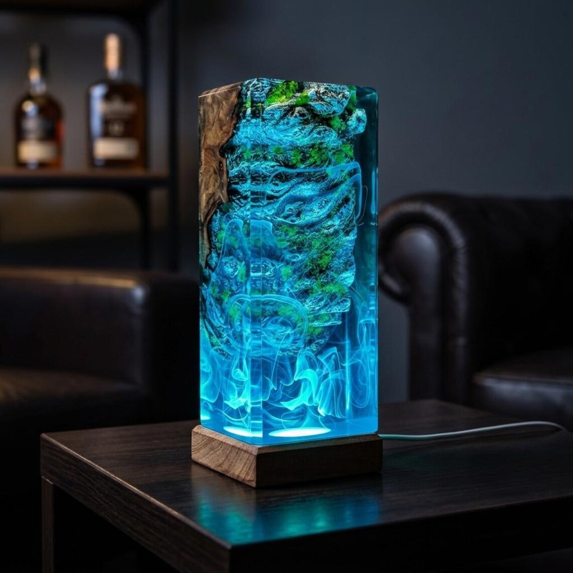 Color Changing Resin Wood Lamp, Rustic Epoxy Night Light with Remote, Blue Green Tower Bedside Lamp, Handmade Gift