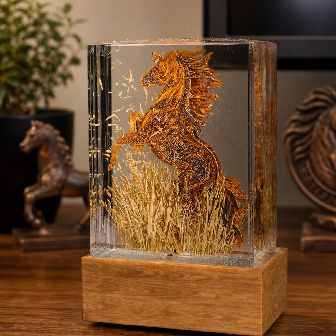 Rearing Horse Resin Lamp, Wild Stallion Night Light, Western Epoxy Art Decor, Handmade Mustang Ranch Desk Sculpture