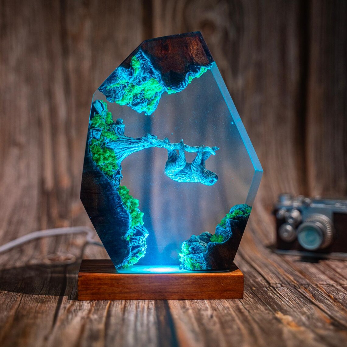 Sloth Resin Night Light, Handcrafted LED Epoxy Lamp with Wood Base, Rainforest Jungle Desk Decor, Nature Lover Gift
