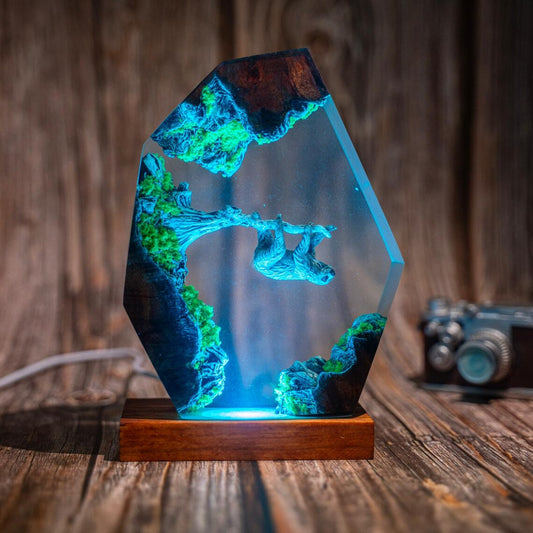 Sloth Resin Night Light, Handcrafted LED Epoxy Lamp with Wood Base, Rainforest Jungle Desk Decor, Nature Lover Gift