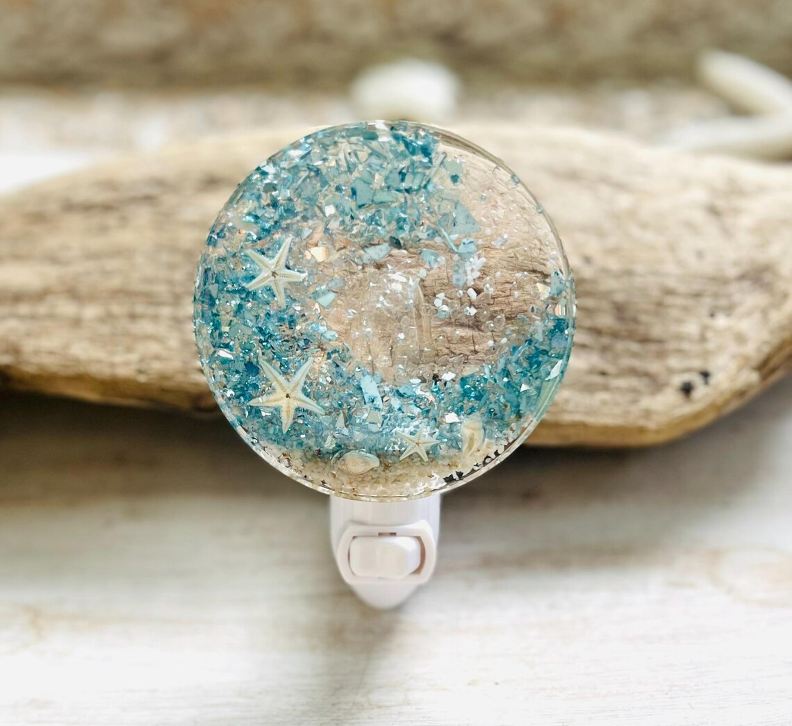 Coastal Resin Night Light, Blue Beach Wave with Real Starfish, Shells and Sand, Handmade Bathroom and Nursery Decor