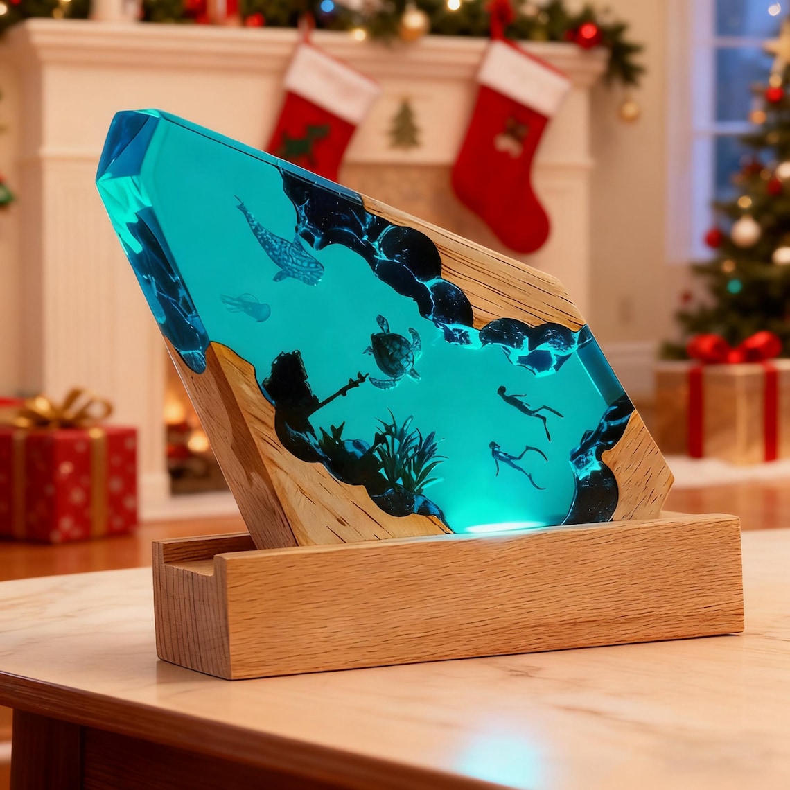 Resin and Wood Ocean Lamp, Diver Whale and Turtle Night Light, Handmade Epoxy Underwater LED Desk Light