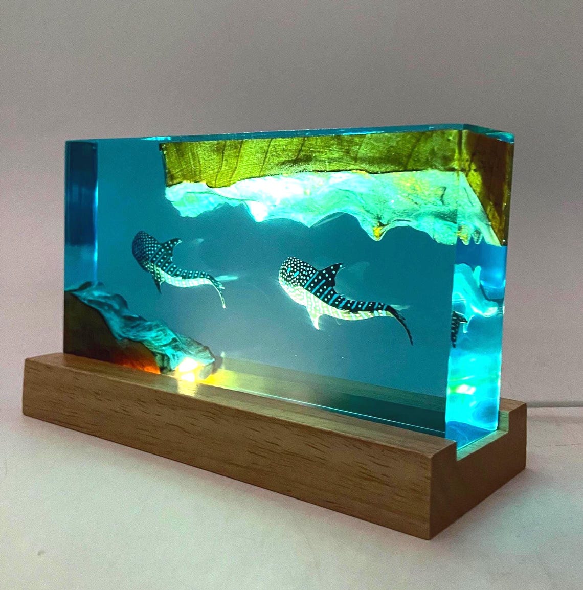 Whale Shark Cube Resin Lamp, Handmade Ocean Diorama Night Light on Engravable Wood Base, Diver Gift