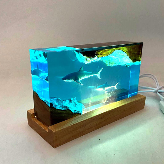 Shark Cube Resin Lamp, Handmade Epoxy Night Light with Wood Base, Personalized Engraved Home Decor, Christmas Gift for Kids
