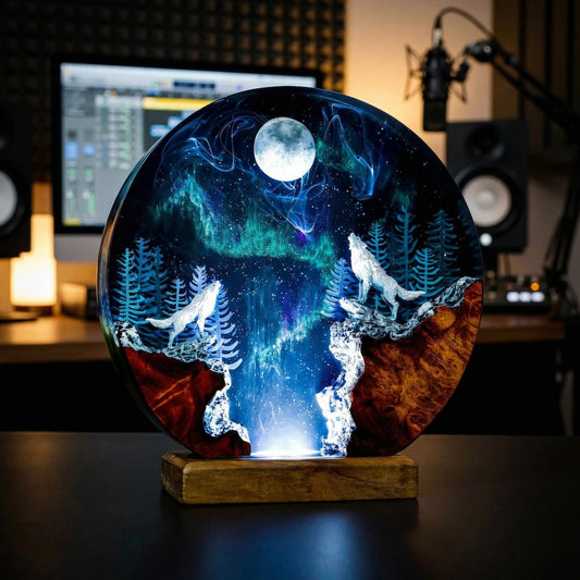 Silver Wolf Forest Resin Lamp, Aurora Borealis Epoxy Night Light, Handmade Nature Desk Decor Gift for Her