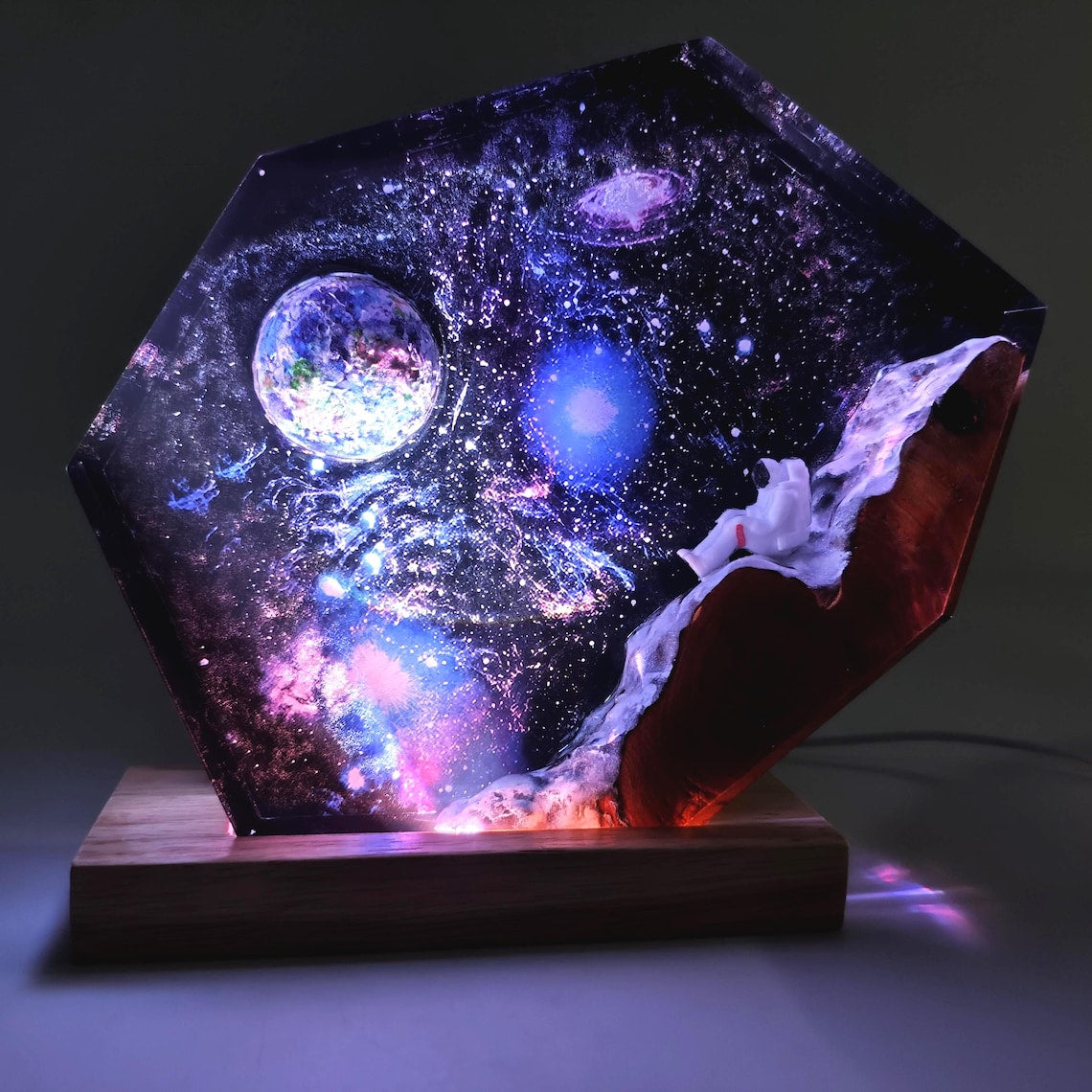 Astronaut Galaxy Resin Lamp, Handmade Interstellar Wood Night Light, Spaceship Epoxy Art, Personalized Engraved Gift