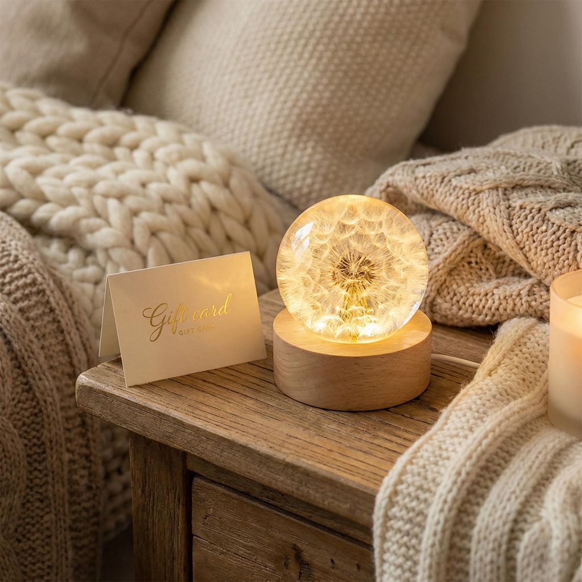 Dandelion Resin Sphere Night Light, Real Preserved Flower Keepsake, Engraved Wooden Base, Personalized Memorable Gift