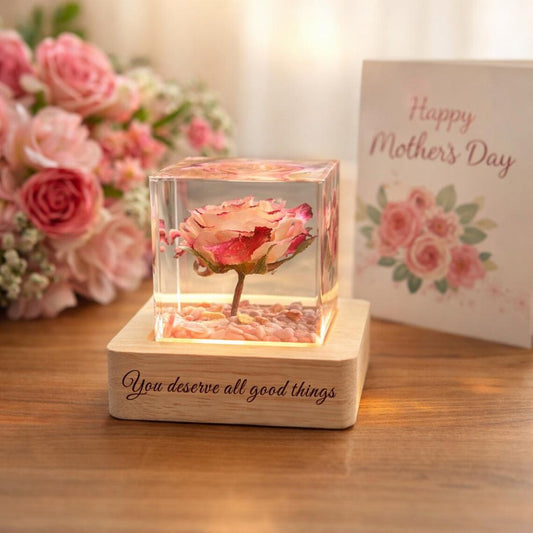 Personalized Resin Rose Night Light, Preserved Rose Cube with Custom Engraved Wood LED Base, Birthday Gift for Her