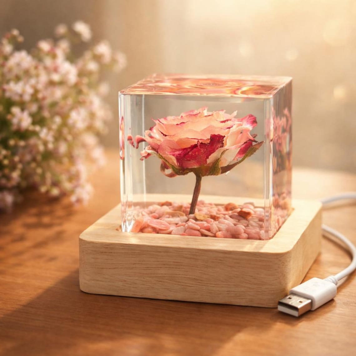 Preserved Real Rose Resin Cube Night Light, Custom Engraved Wooden LED Base, Personalised Anniversary Gift for Her