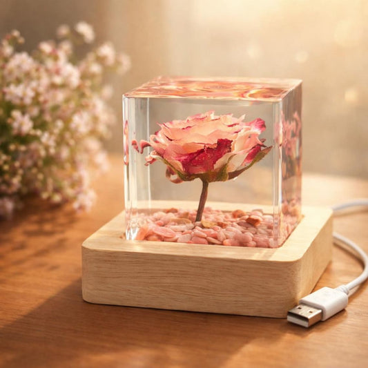 Preserved Real Rose Resin Cube Night Light, Custom Engraved Wooden LED Base, Personalised Anniversary Gift for Her
