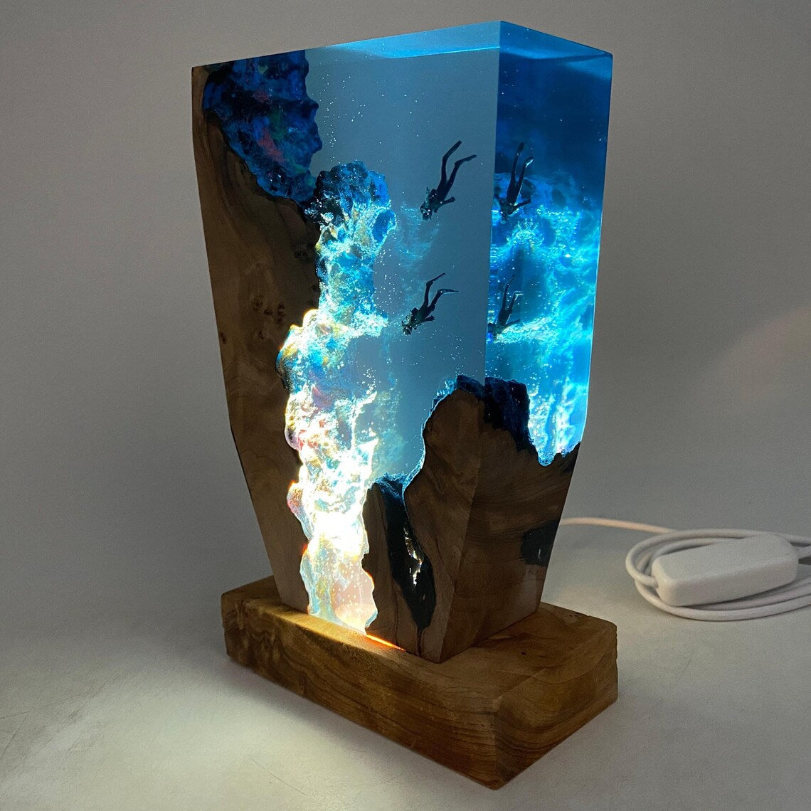 Deep Sea Diver Night Light, Whale Shark Ocean Resin Lamp with Free Engraved Wooden Base, Handmade Gift