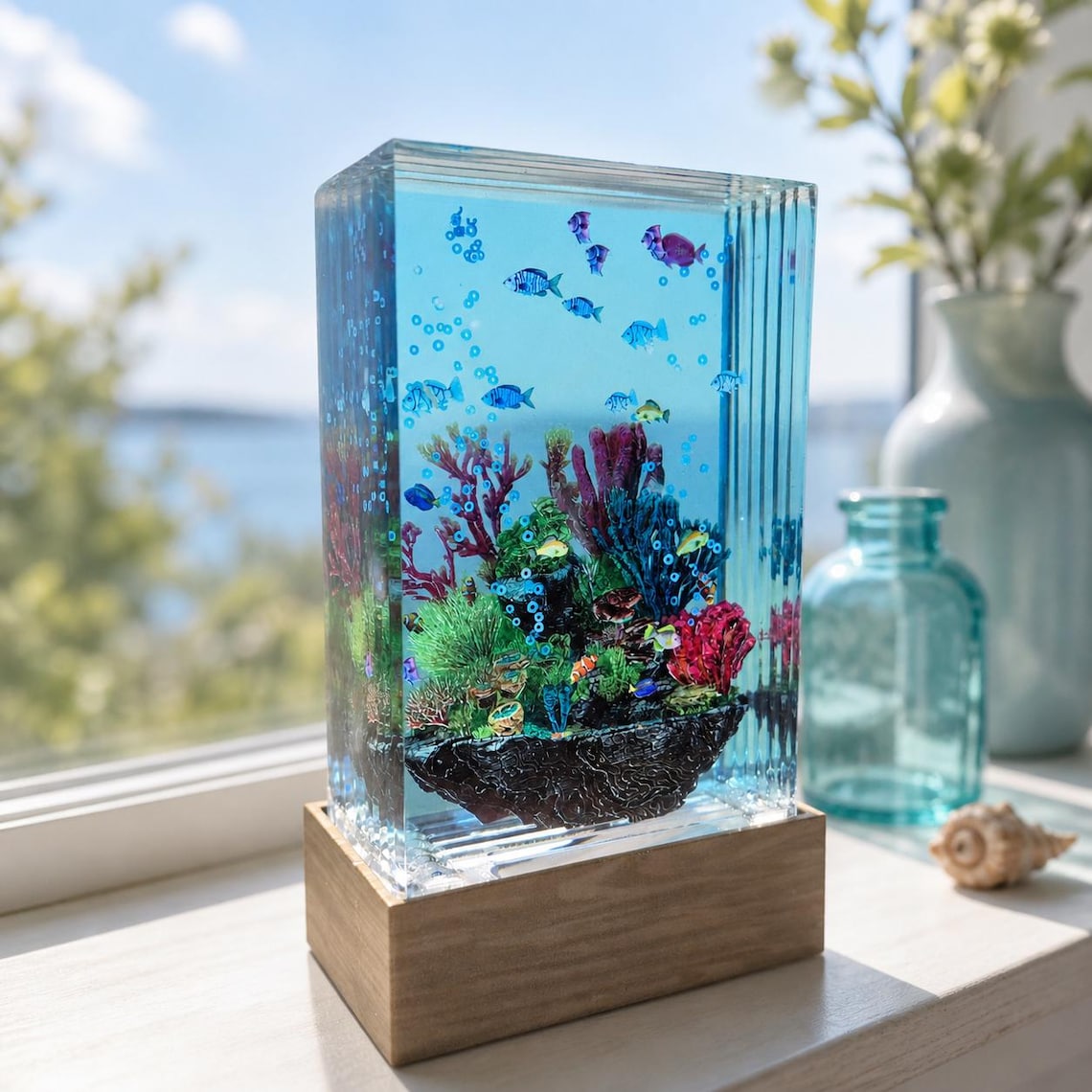 Aquarium Resin Lamp, Coral Reef Fish Night Light, Tropical Ocean Decor, Handmade Layered Acrylic and Resin Art
