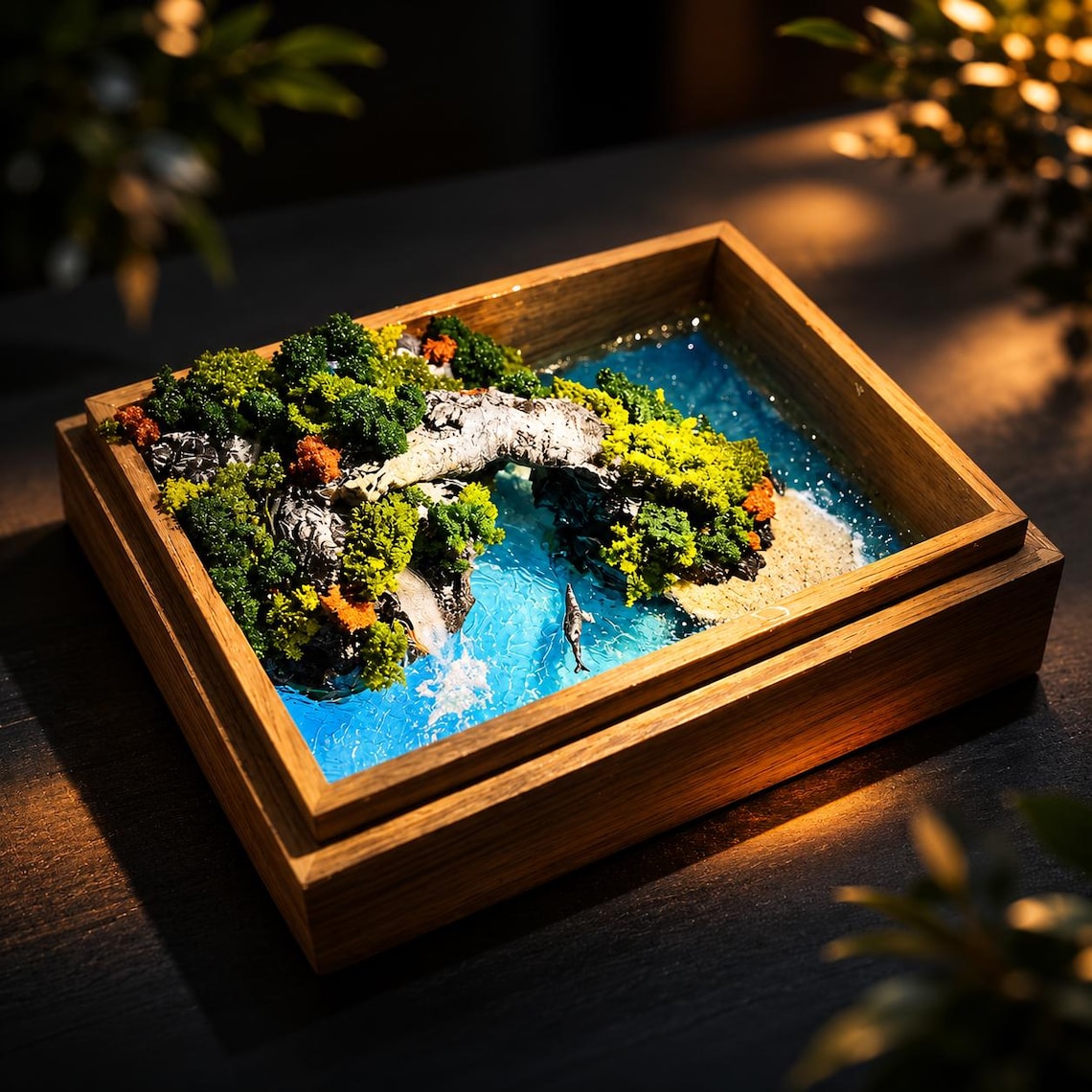 Handmade Coastal Miniature Diorama Lamp, Ocean Resin Landscape in Wooden Box, Aroma Diffuser Desk Decor, Unique Gift
