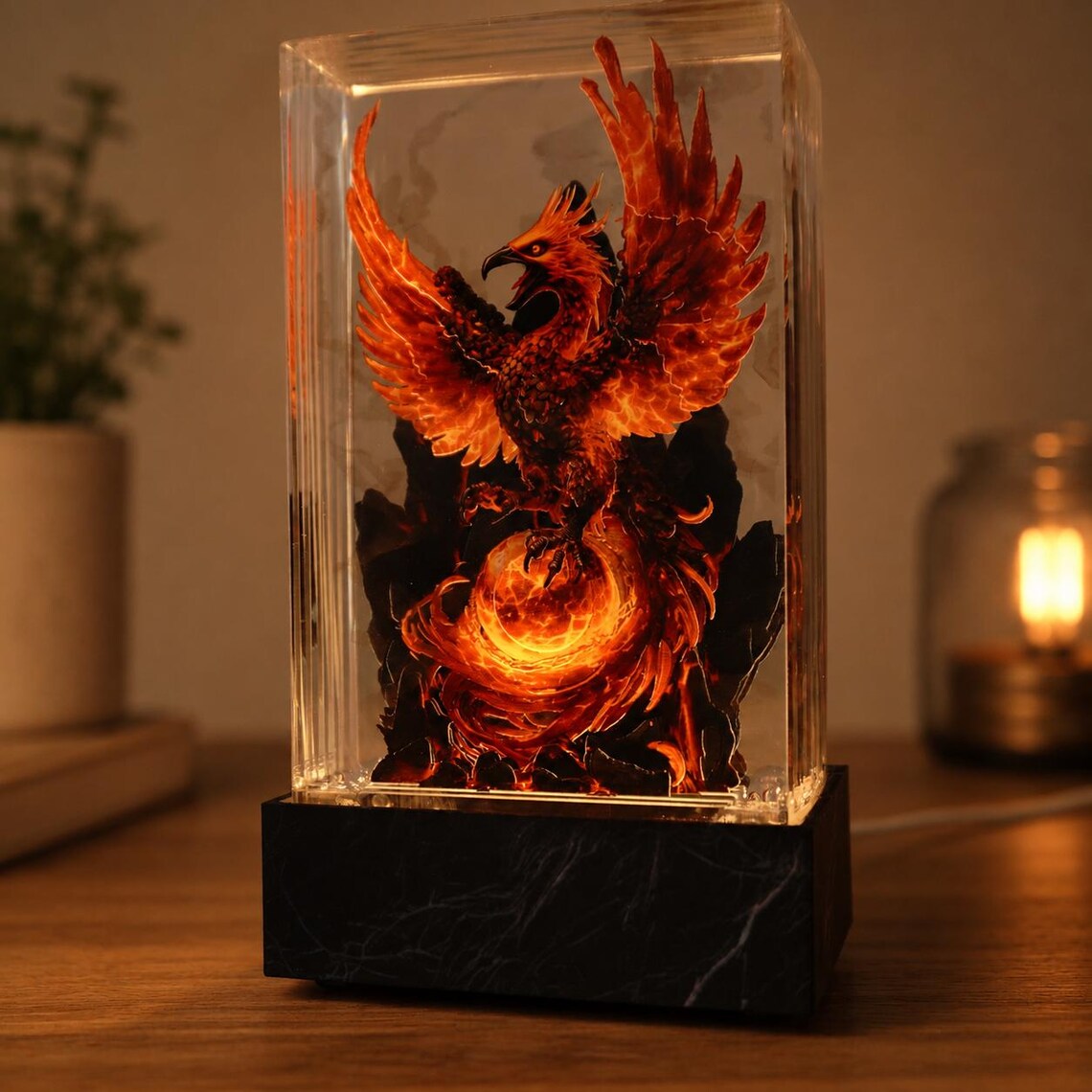 Phoenix Ember Resin Lamp, Handmade Epoxy Firebird Night Light, Layered Acrylic Mythical Bird Art, Fantasy Decor Gift