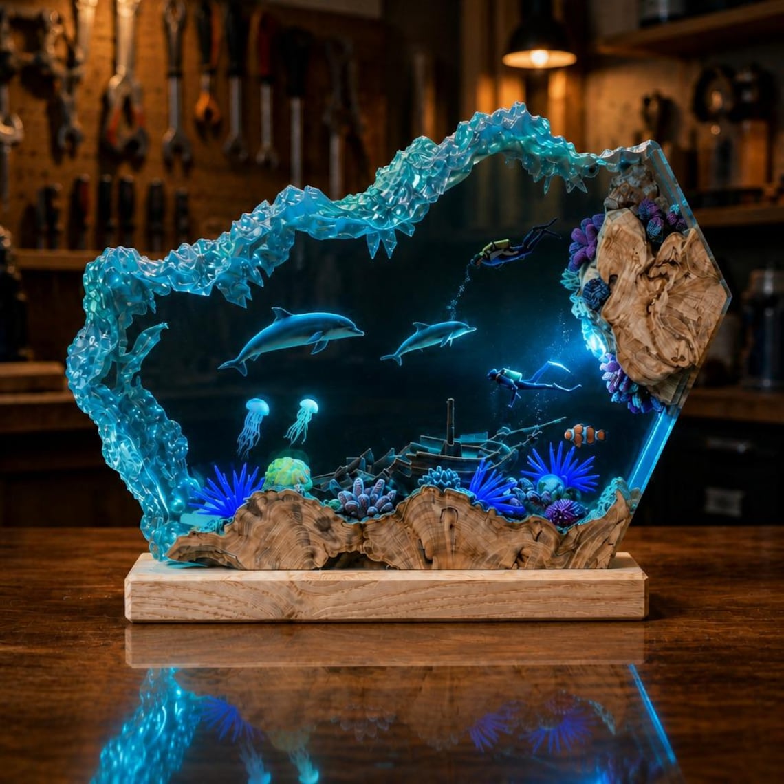 Ocean Resin Lamp with Dolphin, Jellyfish and Clownfish, Epoxy Burl Wood Aquarium Night Light, Coral Decor