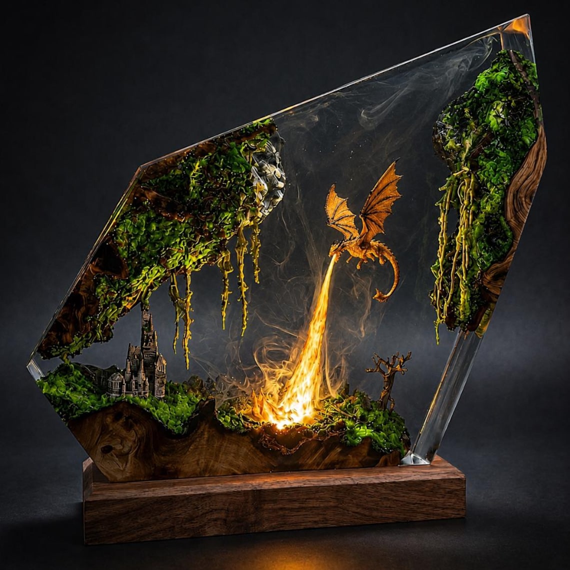 Dragon Resin Lamp Fantasy Diorama, LED Dragon Fire Night Light, Handmade Epoxy Resin Art Desk Lamp, Gothic Decor Dragon Lover Gift