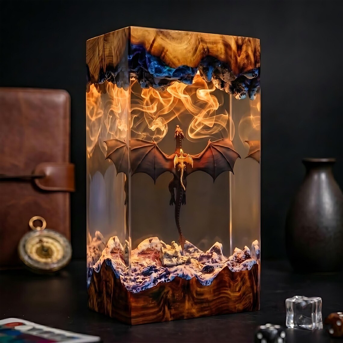 Black Dragon and Mystic Sword Resin Lamp, Epic Fantasy LED Night Light, Epoxy Dragon Decor, Handmade Gift for Readers