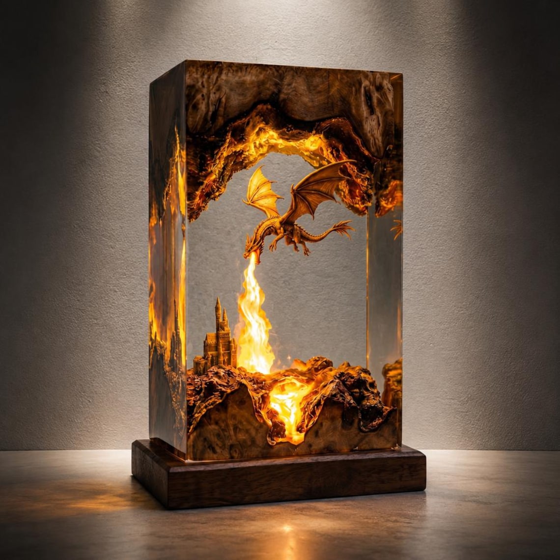 Fire Breathing Dragon Resin Lamp, Castle Diorama Night Light, Handmade Wood Epoxy Desk Lamp, Fantasy Gamer Room Decor Gift for Him