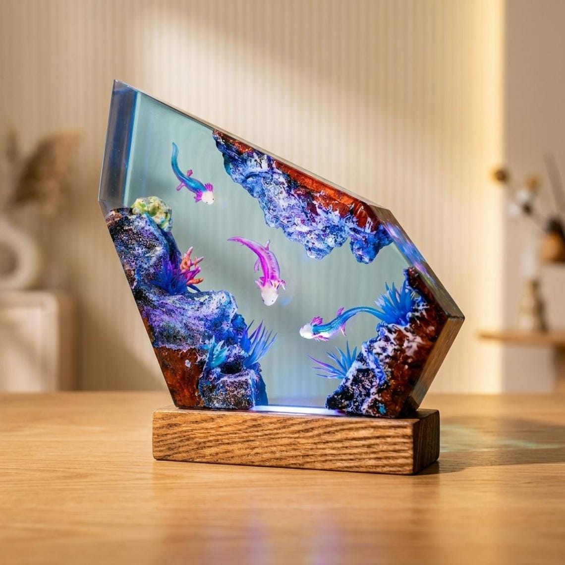 Axolotl Resin Lamp, Handmade Aquarium Resin Art Light, Aquatic LED Night Light, Ocean Desk Decor, Gift for Animal Lovers