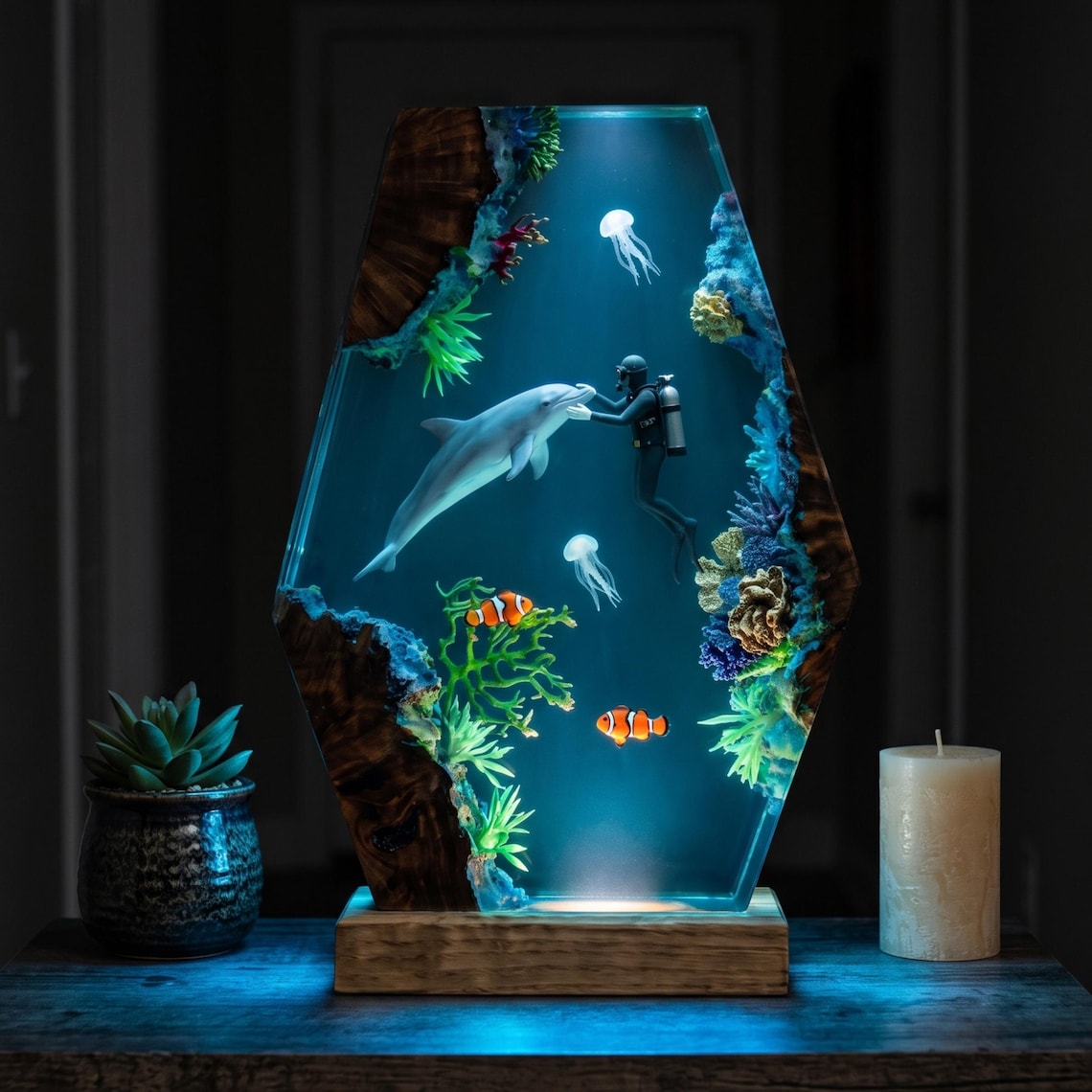 Handmade Dolphin Diver Resin Lamp, Ocean LED Night Light, Underwater Epoxy Decor, Scuba Diver Gift, Marine Life Desk Lamp