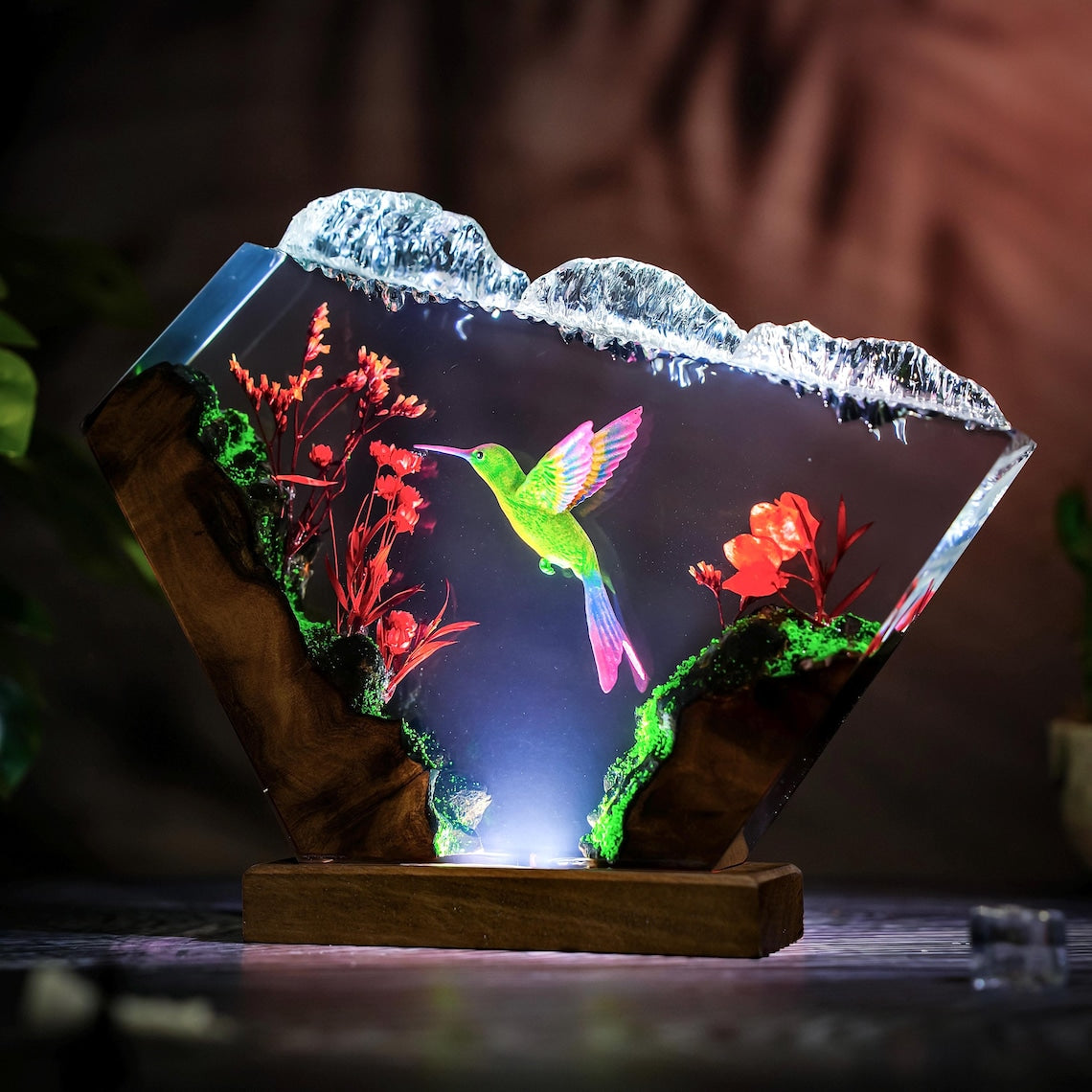 Hummingbird Resin Lamp, Nature Epoxy Night Light with Live Edge Wood Base, Wildflower Forest Desk Decor, Cottagecore Bird Lover Gift