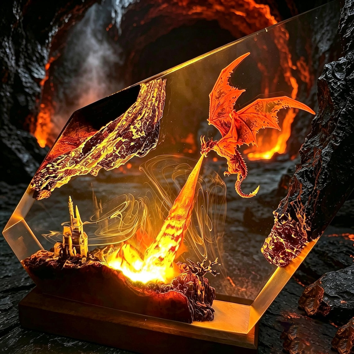 Fire Dragon Epoxy Resin Diorama Lamp, Handmade Castle Breathing Fire LED Night Light, Fantasy Wooden Desk Lamp