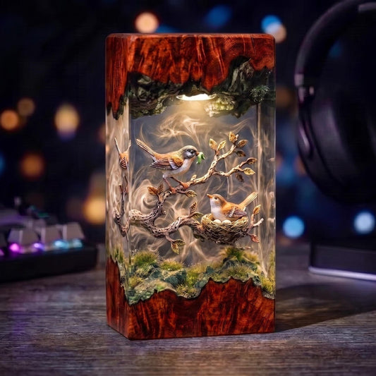 Sparrow Nest Resin Lamp, Father Bird Feeding Family Night Light, Handmade Woodland Nature Decor, Colorful Hummingbird Epoxy Lamp