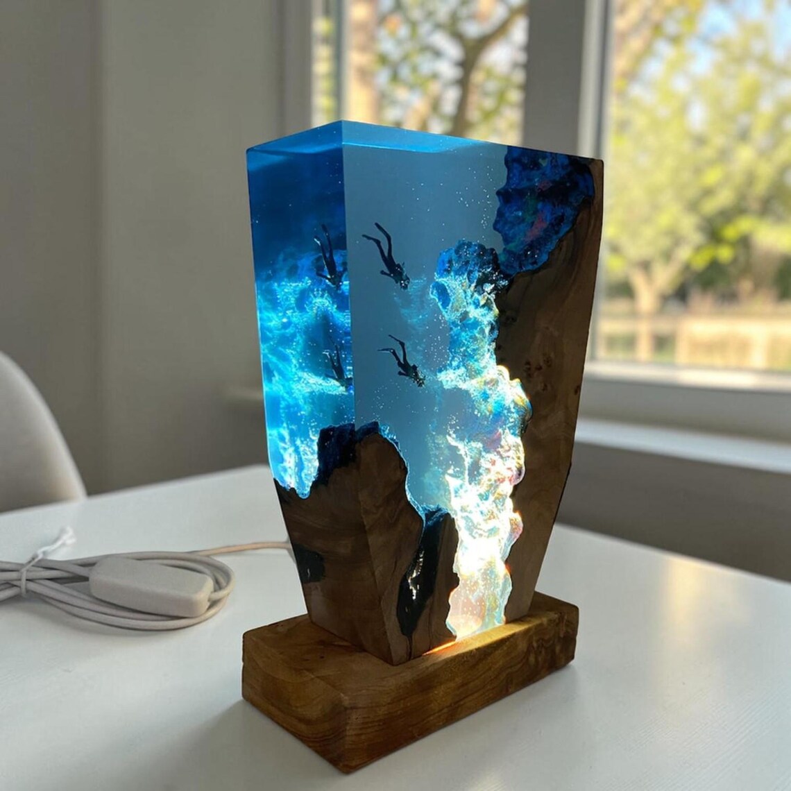 Scuba Diving Resin Lamp, Underwater Ocean Scene Night Light, Coastal Wood Bedside Desk Lamp, Handmade Decor