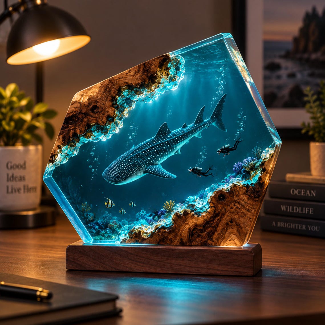 Whale Shark Resin Lamp, Ocean Night Light, Underwater Diver Diorama, Handmade Epoxy Wood Desk Lamp, Gaming Desk Decor Gift for Gamer