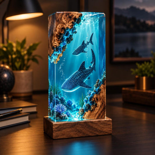 Whale Shark Resin Lamp, Ocean Night Light, Handmade Epoxy Wood Lamp, Marine Life Decor, Deep Sea Resin Art, Beach House Gift for Him