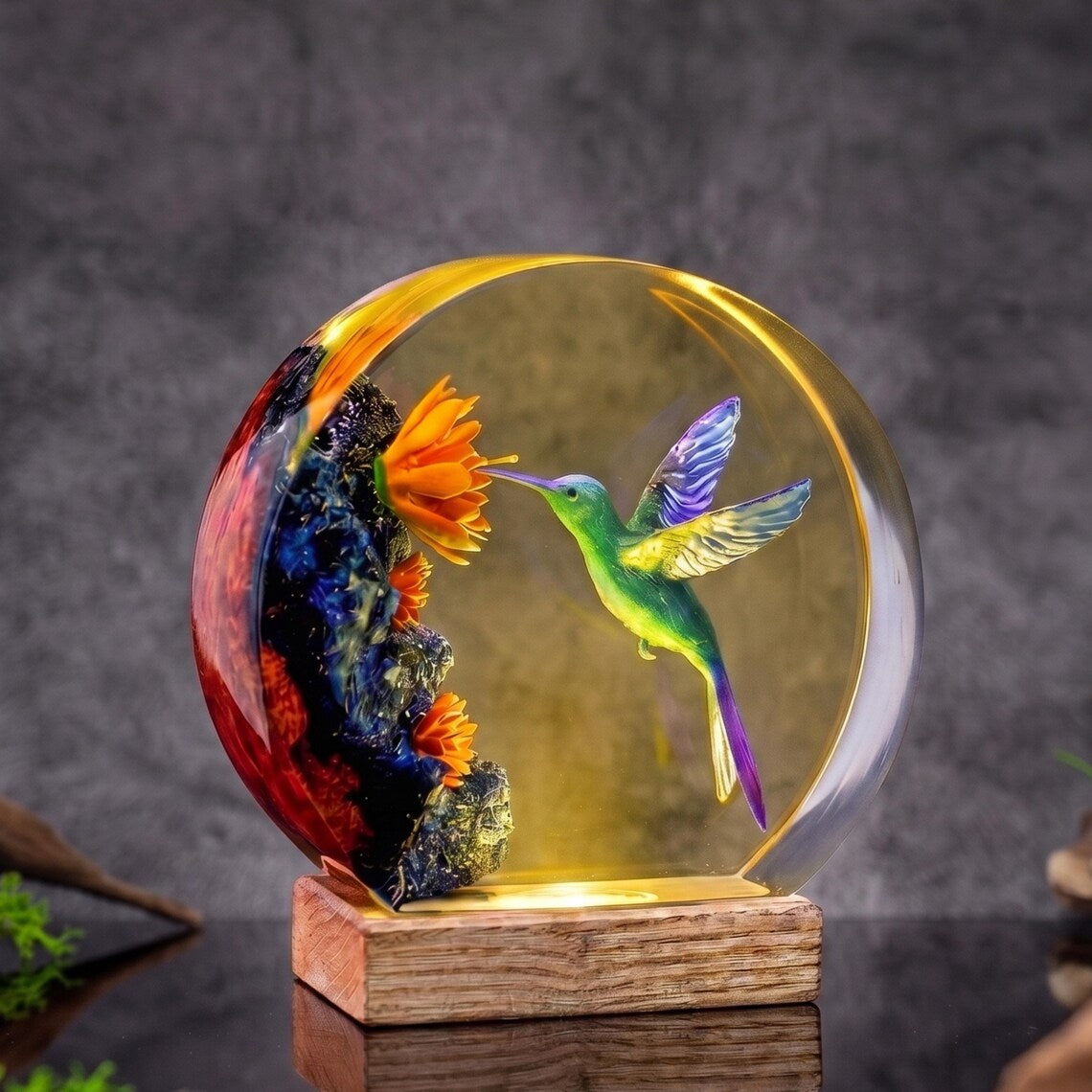 Colorful Hummingbird Resin Lamp, Floral Nature Night Light, Sparrow and Jellyfish Options, Handmade Bird Lover Halloween Gift