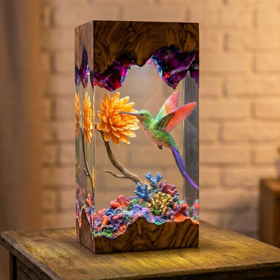Hummingbird and Flower Resin Lamp, Floral LED Night Light in Natural Wood Frame, Handmade Nature Decor Gift