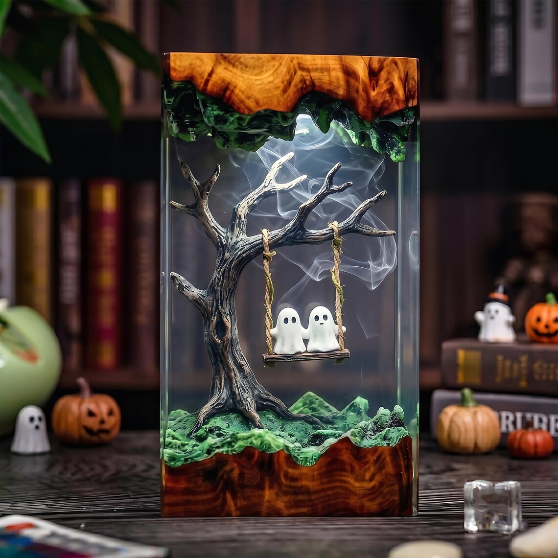 Ghost Couple on a Swing Resin Lamp, Moonlit Halloween Romance Night Light, Handmade Epoxy Wood Decor