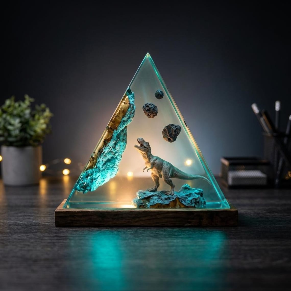 Dinosaur Resin Lamp, Handmade Wood Epoxy Night Light, T-Rex Meteor Scene Diorama Desk Decor, Gift for Dino Lovers