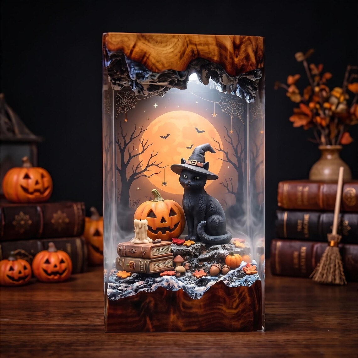 Black Cat Book Nook Resin Lamp, Haunted Library with Flying Bats and Jack O'Lanterns, Handmade Halloween Night Light