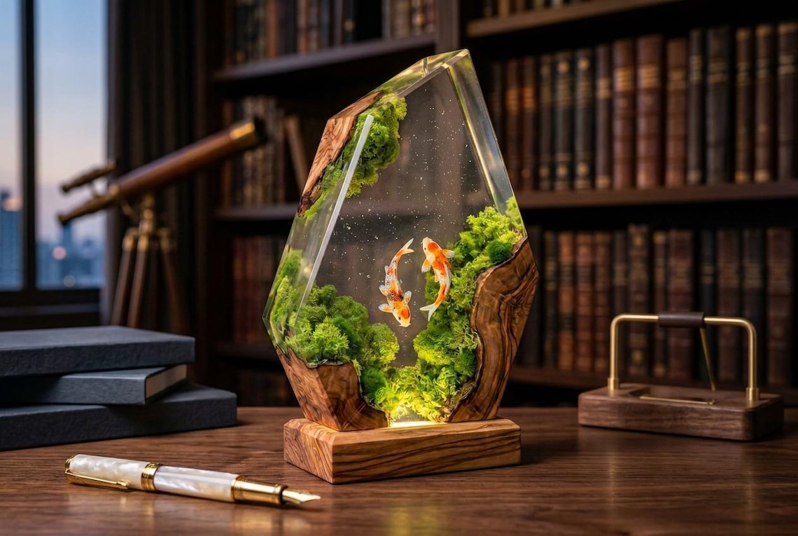 Handmade Koi Fish Resin Lamp, Preserved Moss Night Light, Wooden Epoxy Nature Inspired Decor, Gift for Koi Lovers