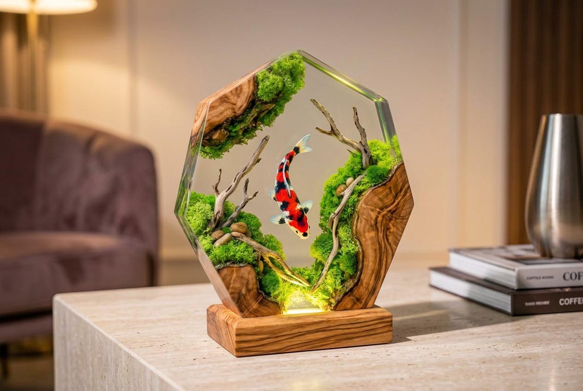 Handmade Koi Fish Resin Lamp, Preserved Moss Night Light, Wooden Epoxy RGB LED Resin Art, Gift for Koi Fish Lovers, Nature Inspired Home Decor