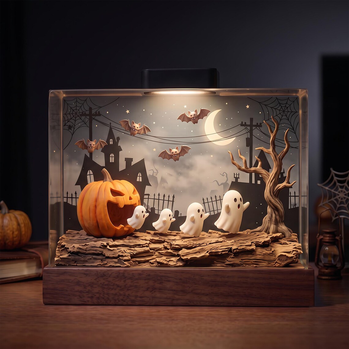 Halloween Maze Resin Lamp, Brave Pumpkin Chasing Little Ghosts Night Light, Flying Vampire Bats, Handmade Epoxy Spooky Decor