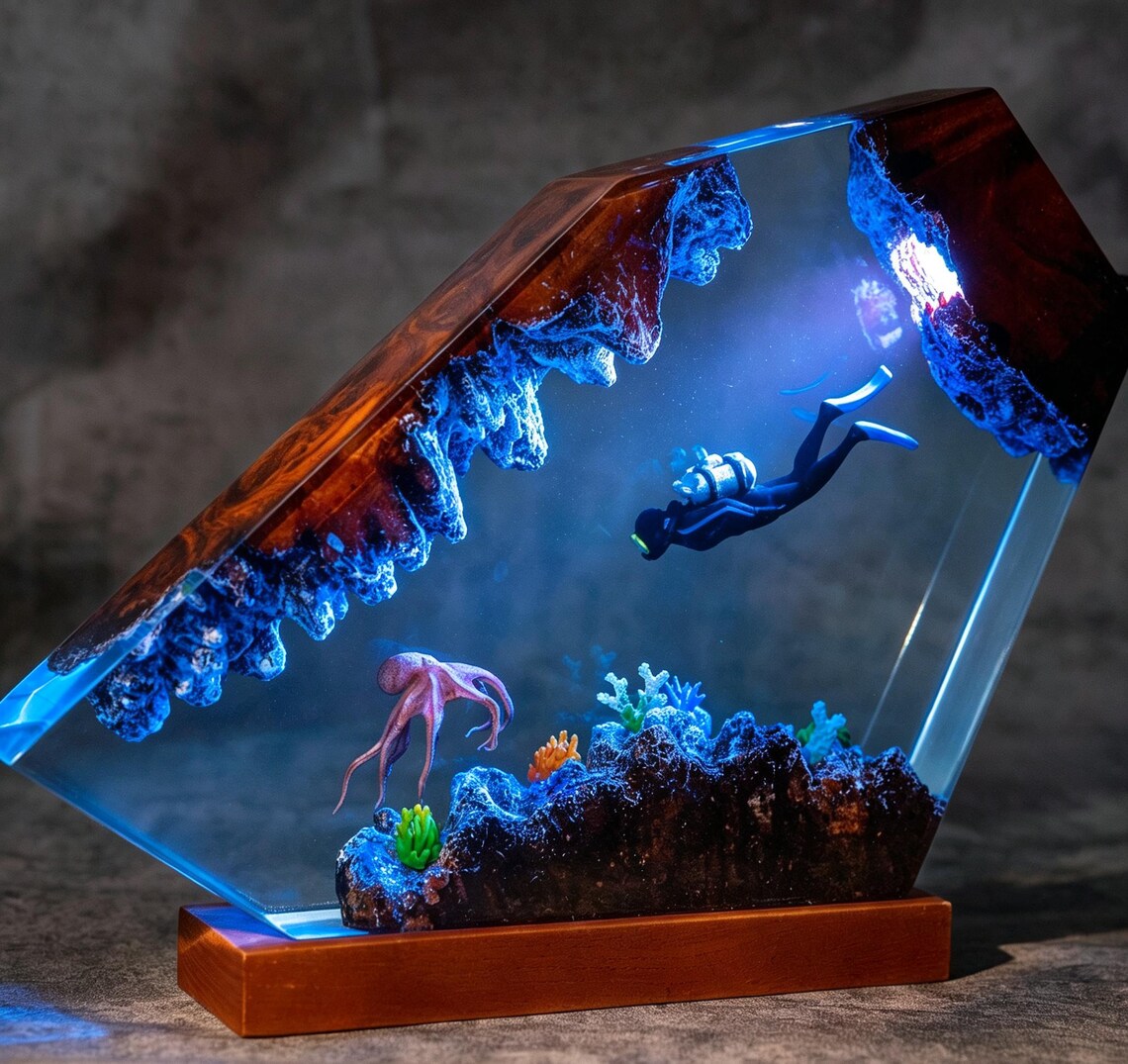 Underwater Cave Diver Resin Lamp, Octopus and Coral Reef Epoxy Diorama Night Light, Handmade Ocean Table Decor