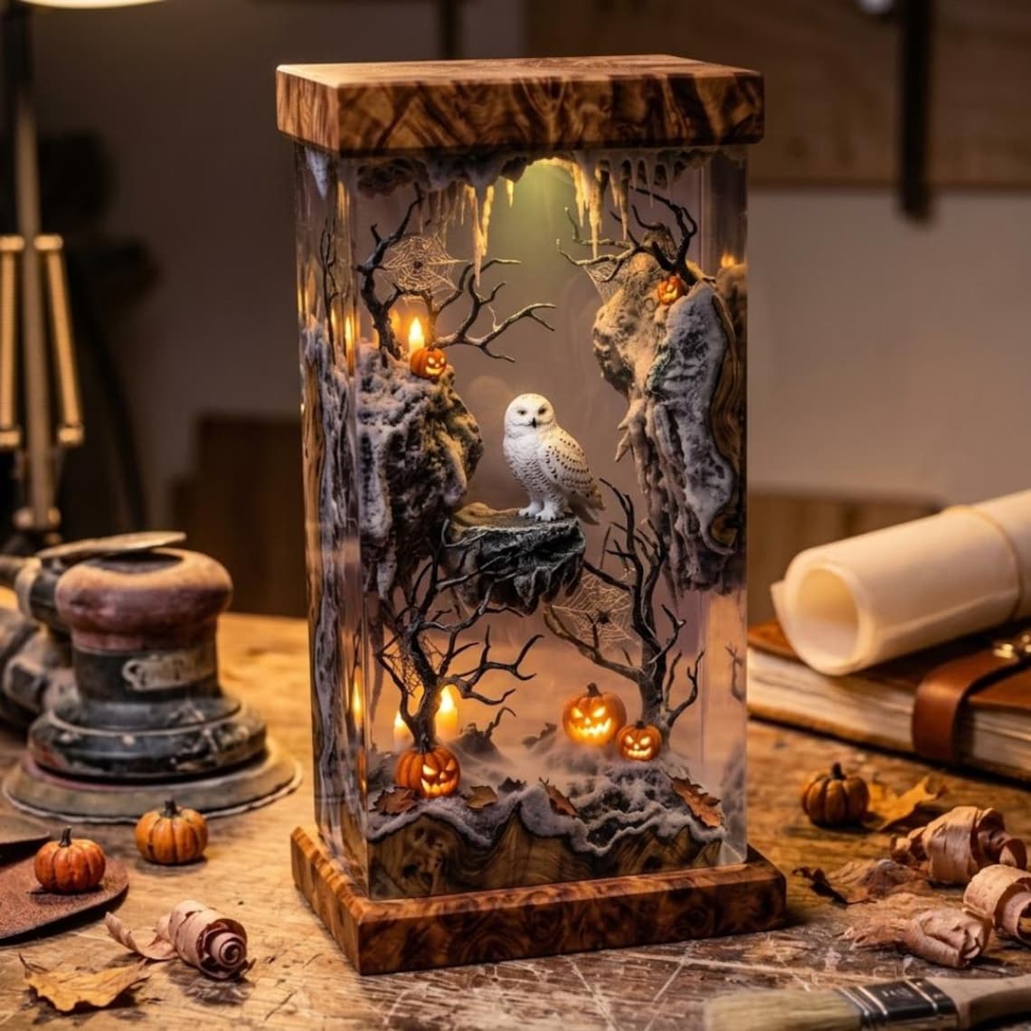 Owl and Jack-o-Lantern Resin Lamp, Halloween Forest Diorama Night Light, Colour Changing Epoxy Wood Decor