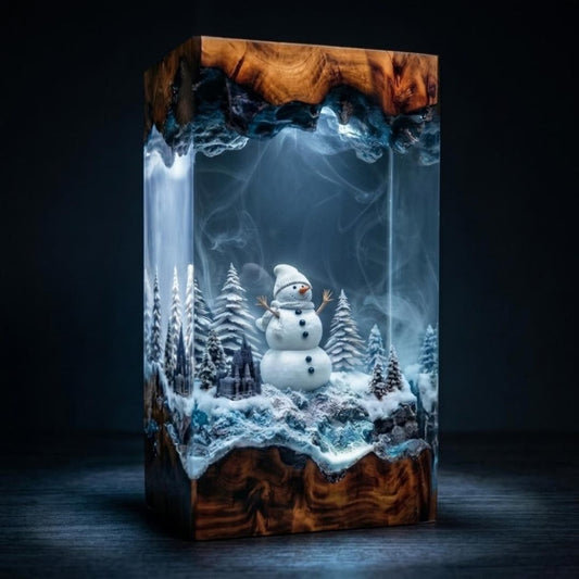 Snowman and Pine Forest Winter Diorama Resin Lamp, Color Changing Epoxy Resin Wood Night Light, Handmade Christmas Desk Decor