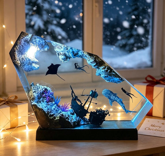 Shipwreck Resin Diorama Lamp, Underwater Manta Ray and Whale Shark Night Light, Handmade Epoxy Ocean Desk Decor