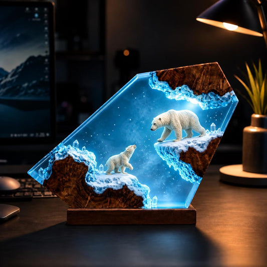 Polar Bear Resin Lamp, Arctic Iceberg Night Light, Handmade Wood Epoxy Diorama, Wildlife Desk Decor, Personalized Nature Lover and Gamer Gift