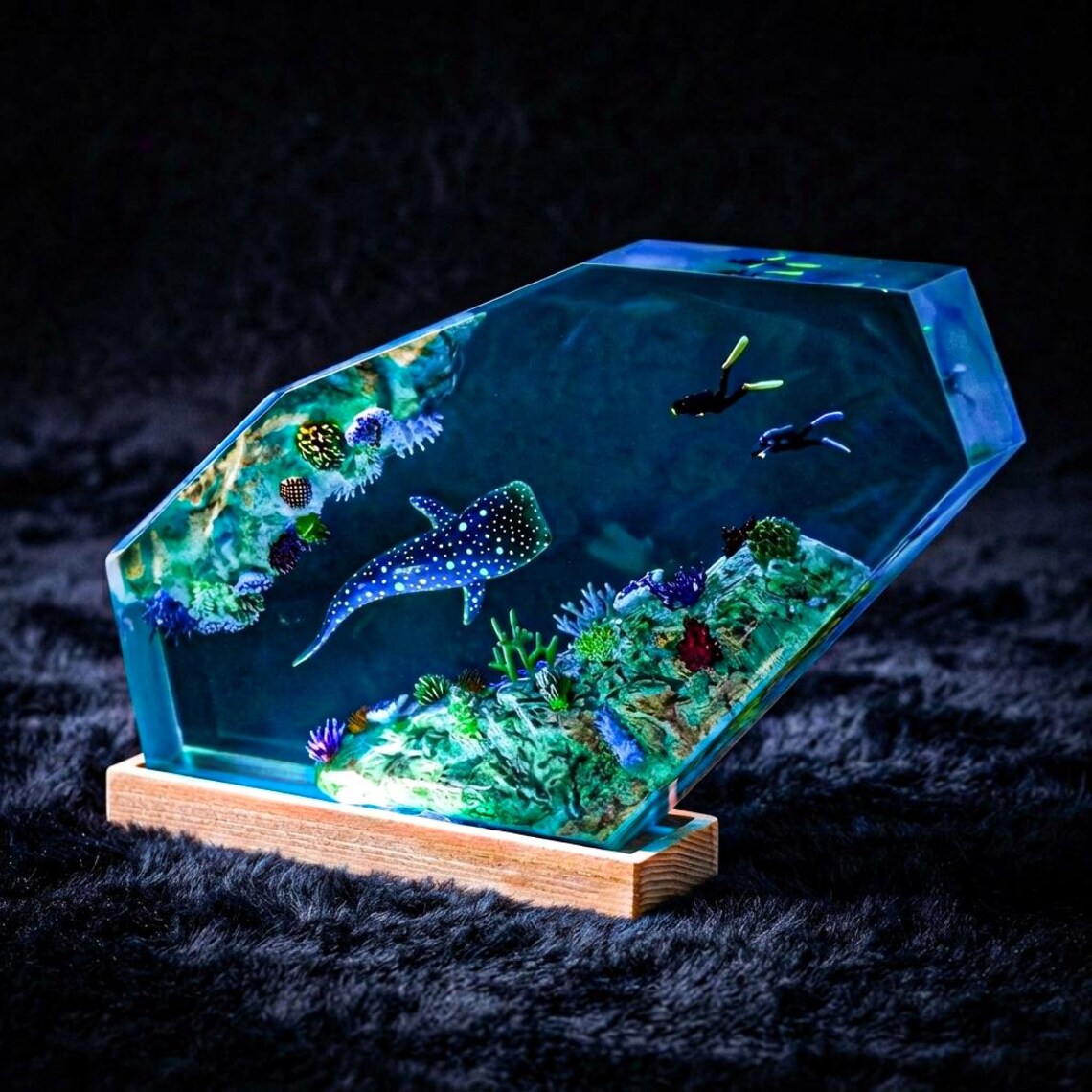 Whale Shark Resin Lamp with Scuba Divers, Ocean Diorama Night Light, Handmade Epoxy Reef Table Lamp